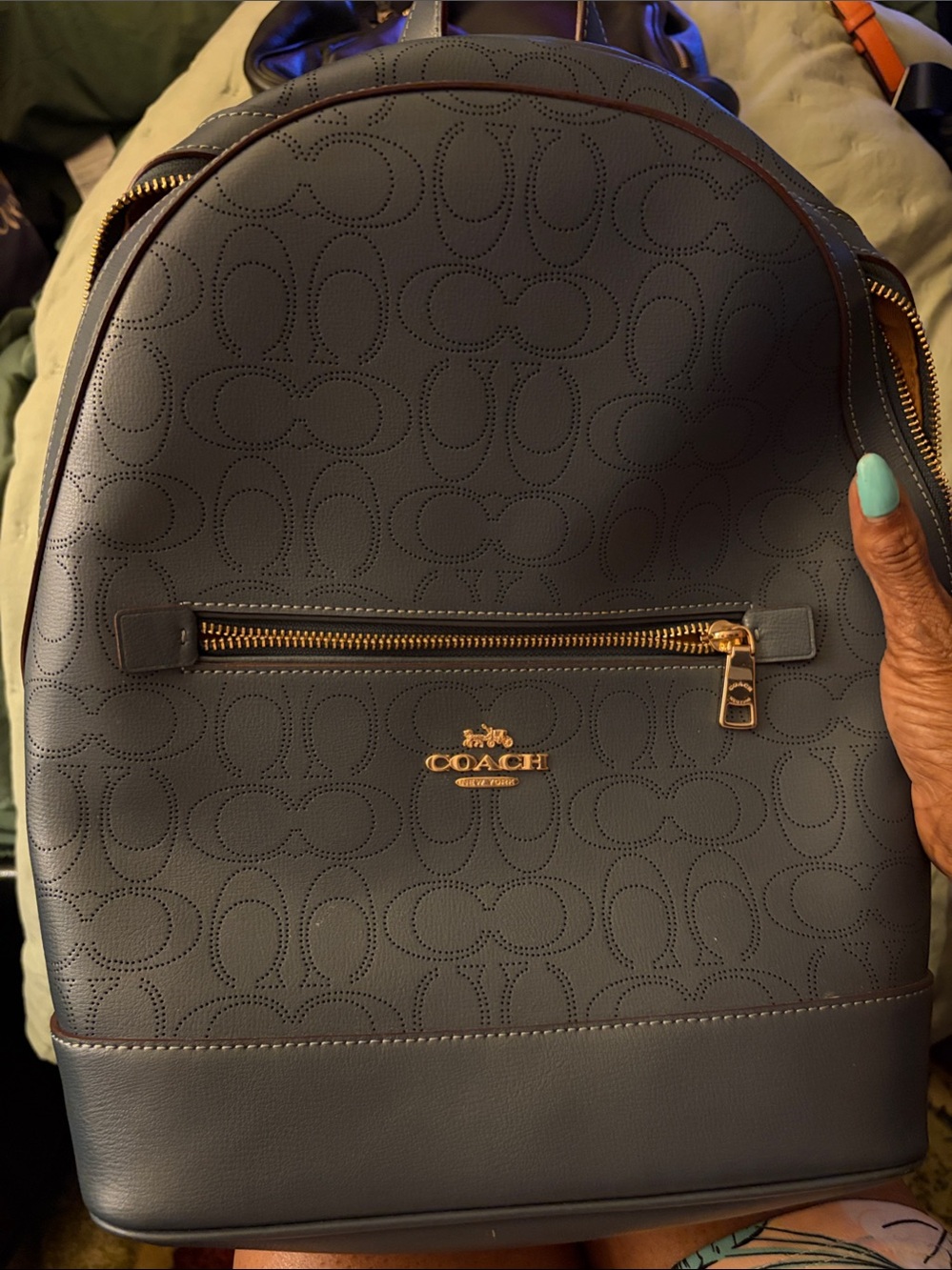 Coach blue Signature Perforated Leather Backpack with Gold Hardware